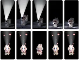 Collage of Labubu flashlight live-screen frames